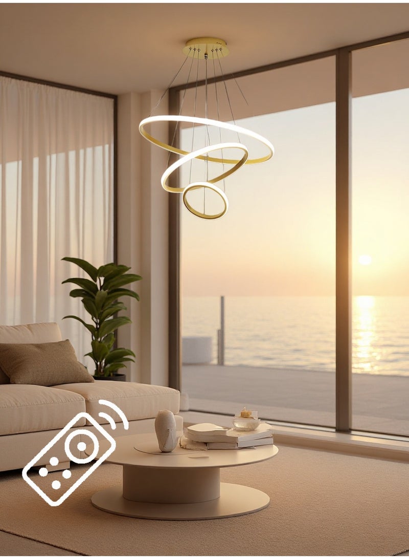 An LED chandelier composed of three light rings, with three adjustable colors of light, adjustable height, controlled by switch or remote control. Suitable for placement on dining tables, living rooms, bedrooms, villas, etc. - Image 1